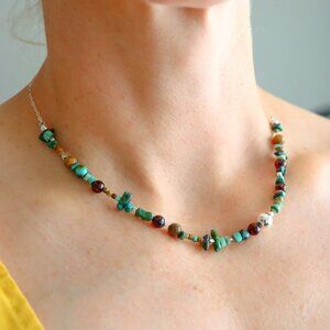 Genuine Arizona Turquoise, Baltic Cherry Amber and 925 Sterling Silver Necklace